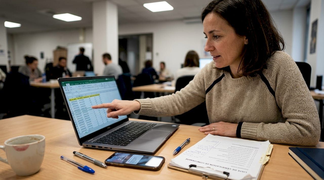 Dans un bureau partagé, une collaboratrice met à jour un dossier de conformité.