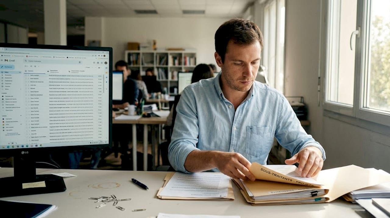 Une assistante de bureau en train de trier les dossiers des sous-traitants