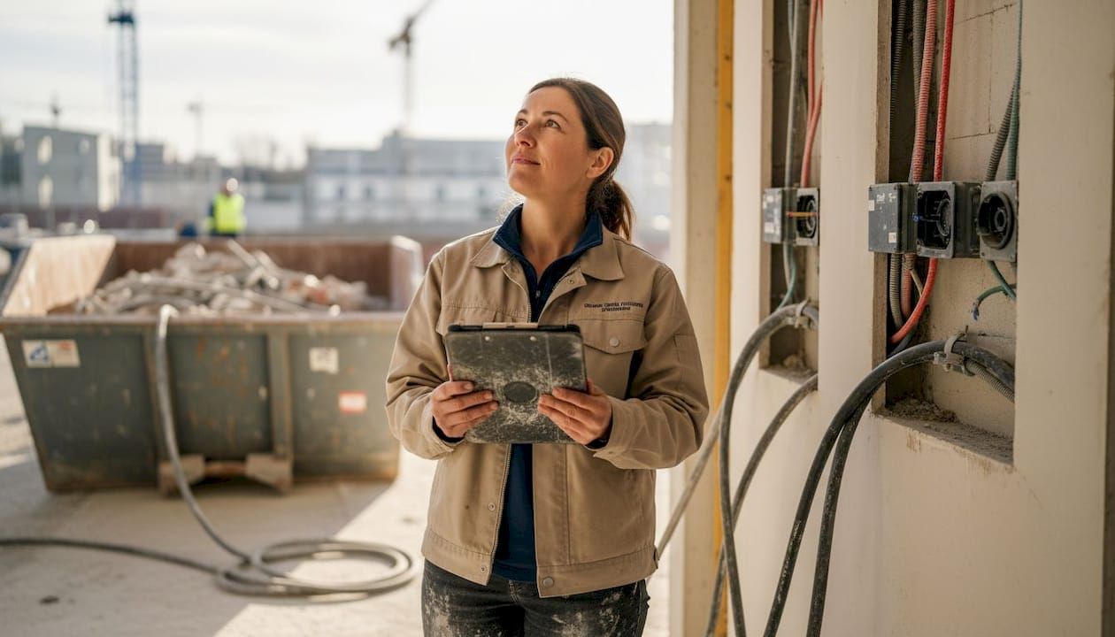Une ingénieure contrôle le chantier afin de garantir le respect des normes et la fiabilité des travaux.