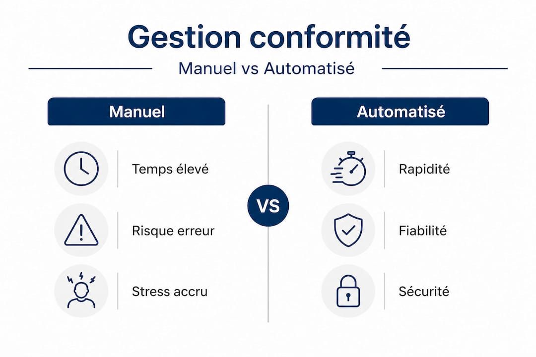 Comparatif visuel entre la vérification de conformité manuelle et automatisée
