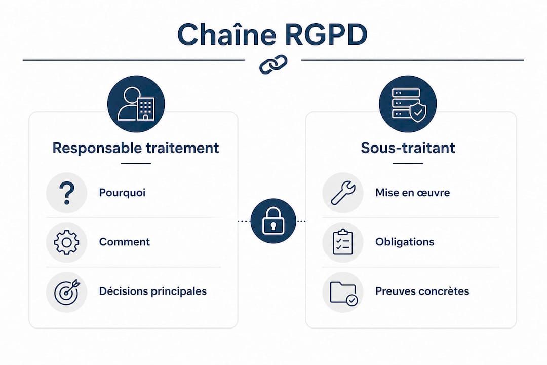Visuel comparatif mettant en lumière les missions du responsable de traitement et du sous-traitant dans le cadre du RGPD