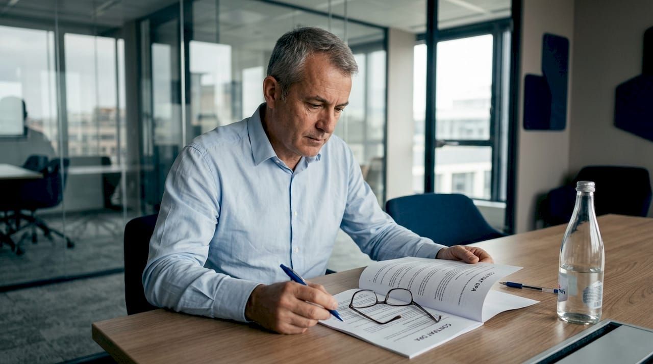 Le responsable des achats passe en revue le contrat DPA dans la salle de réunion.
