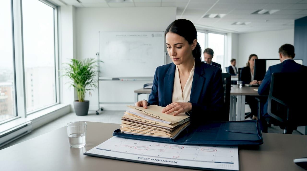 L’assistante organise les dossiers fiscaux en les classant par date.
