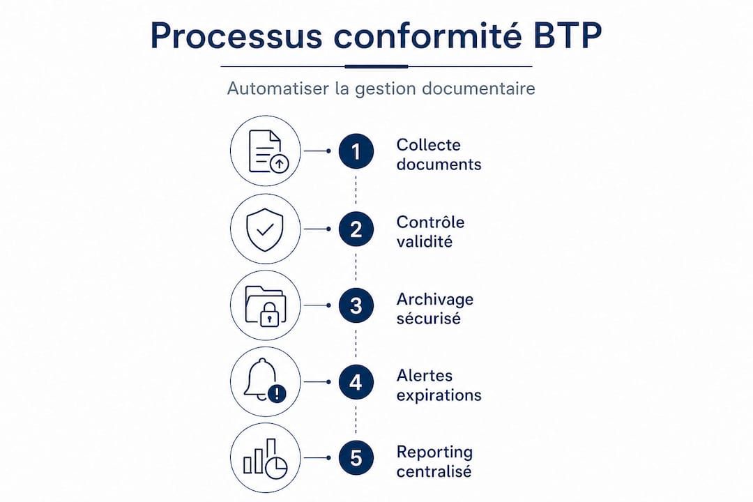 Automatisez le suivi de la conformité dans vos projets BTP grâce à des étapes de gestion simplifiées.