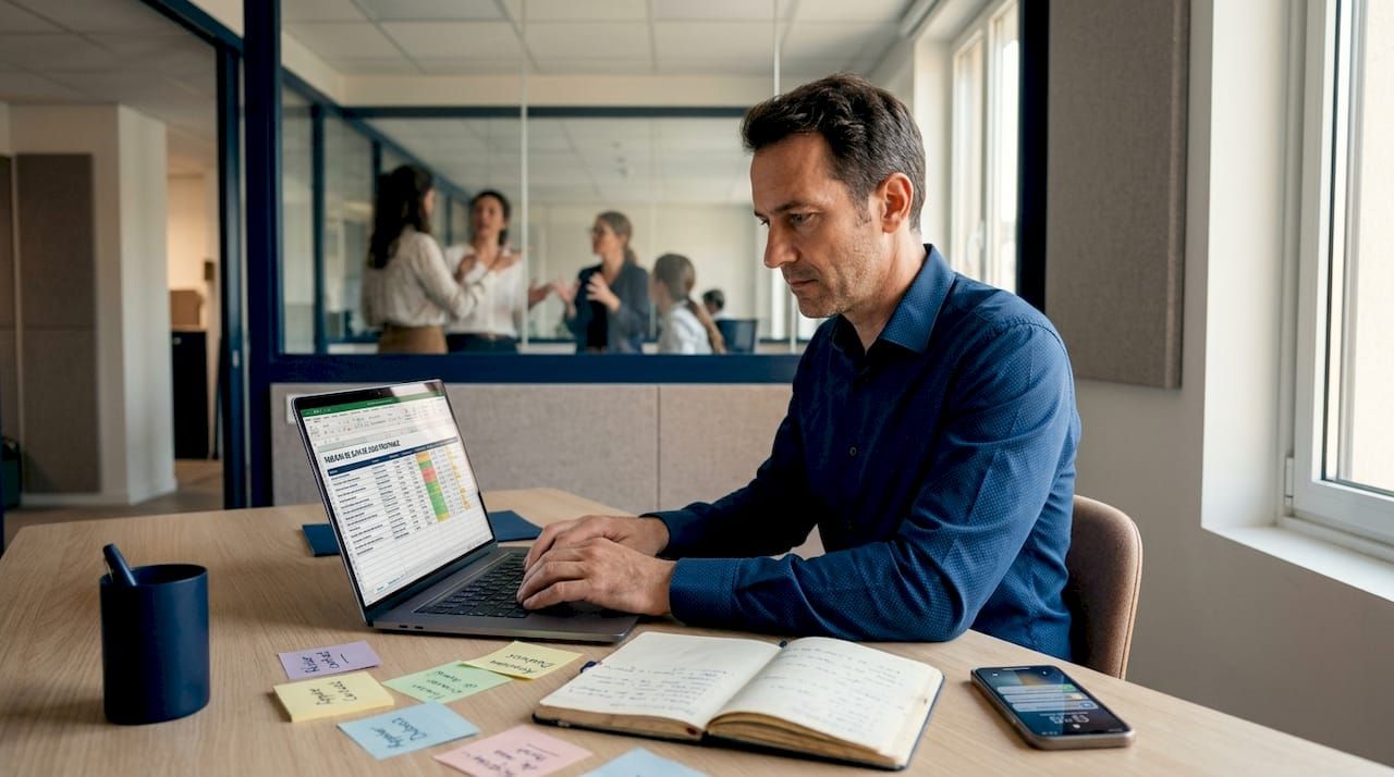 Un homme vérifie des dossiers pour contrôler le travail effectué par des sous-traitants en cascade.