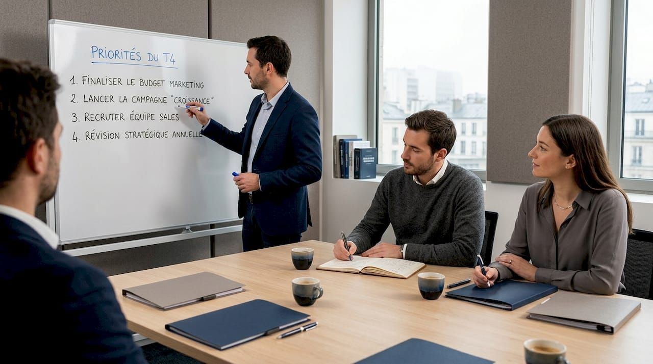 L’équipe échange autour d’un plan de vigilance, exposé sur le tableau blanc.