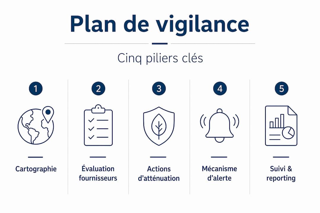 Découvrez en un coup d’œil les cinq fondements essentiels du plan de vigilance grâce à notre infographie.