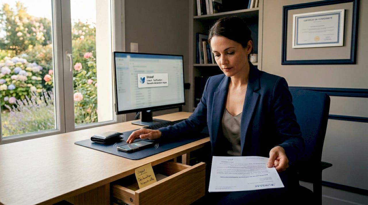 Une collaboratrice consulte un courrier de l’Urssaf à son bureau.