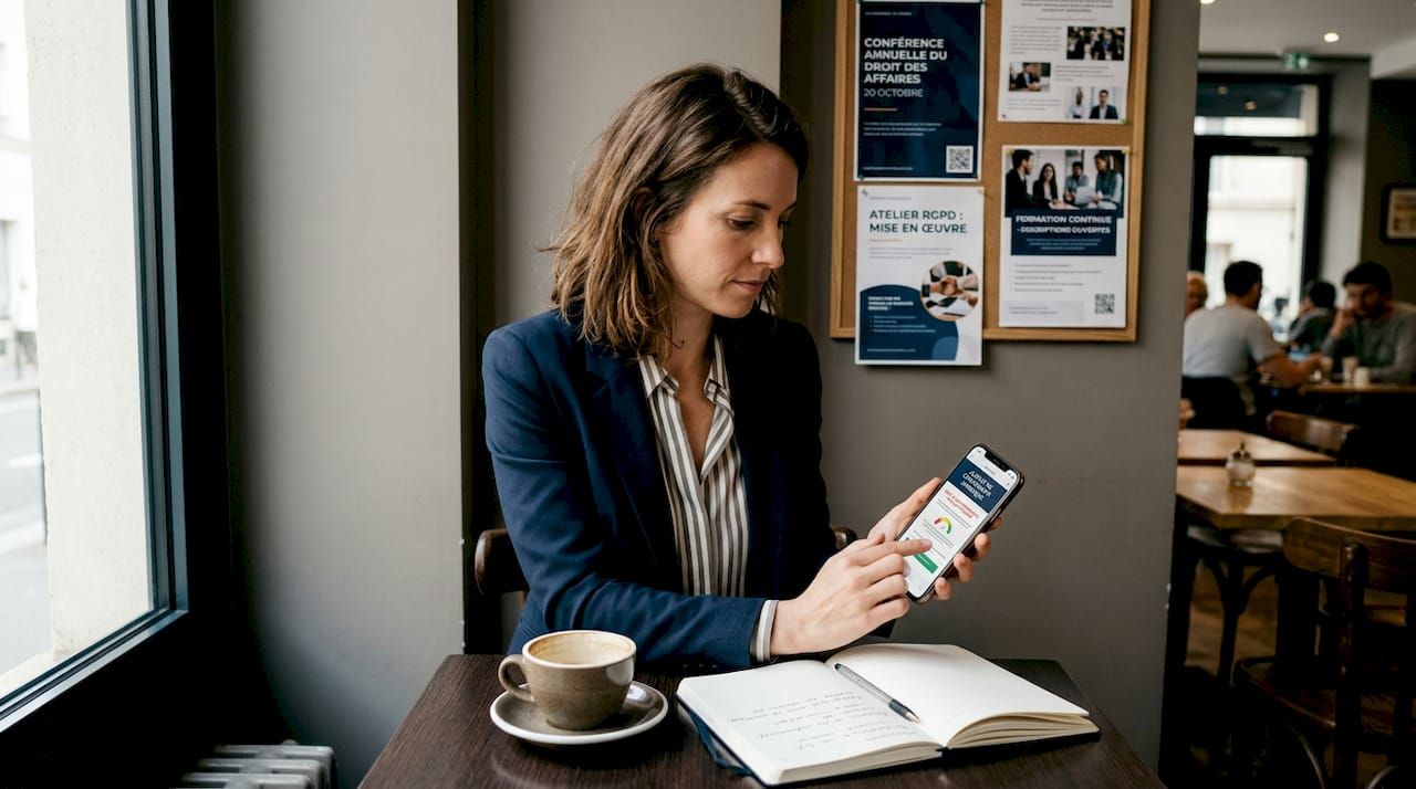 Une femme d'affaires consulte un message d'alerte sur son smartphone.
