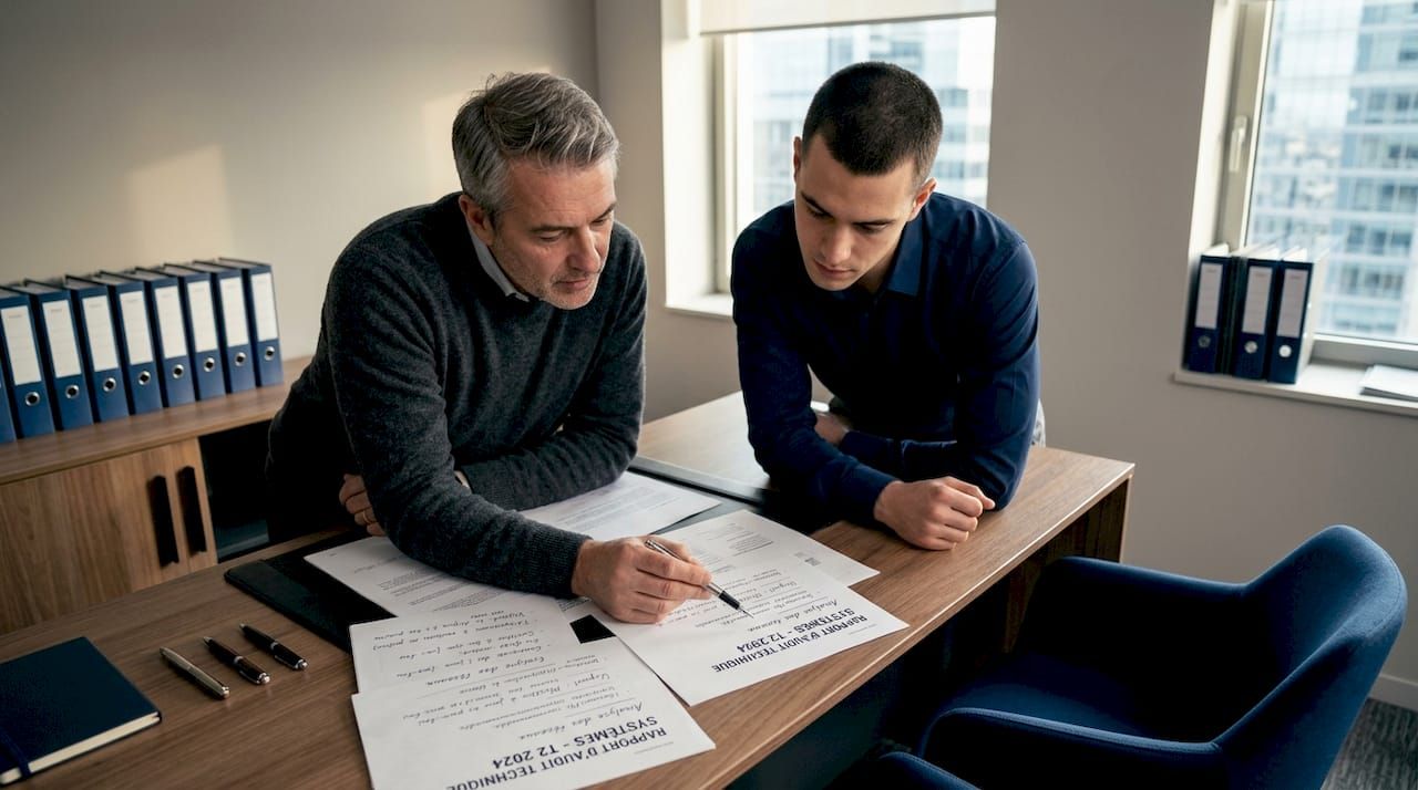 L’équipe informatique examine le rapport d’audit dans leur petit bureau.