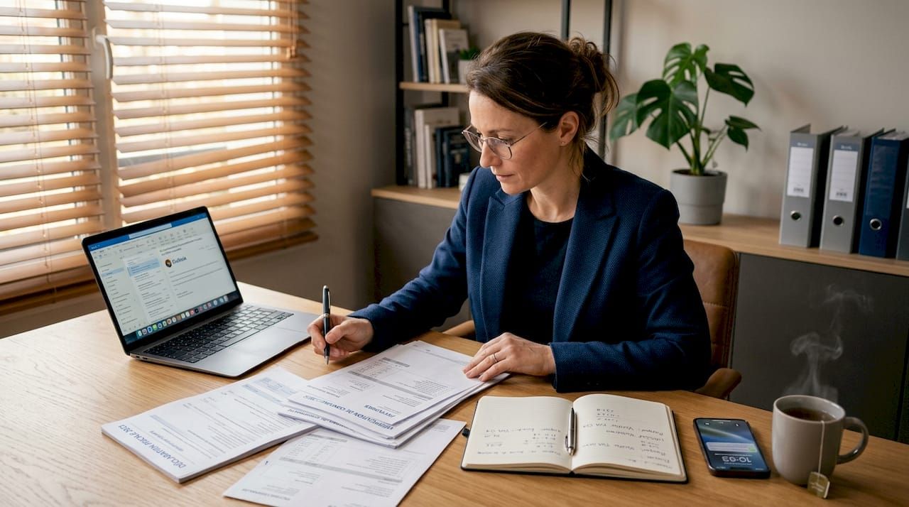 Un chef d'entreprise examine les documents fiscaux de ses sous-traitants pour s'assurer de leur conformité.