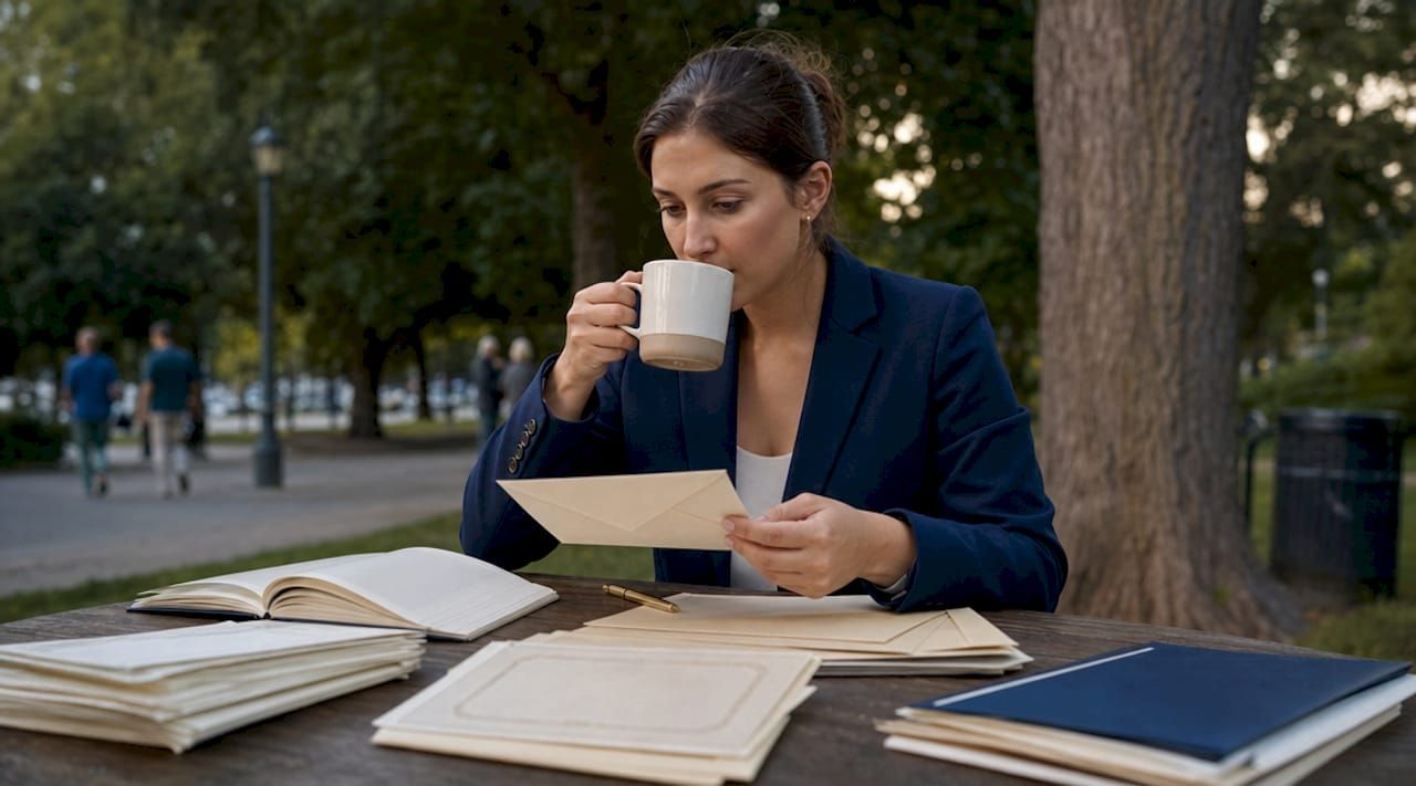 Des mains passent en revue des dossiers de conformité posés sur une table de café.