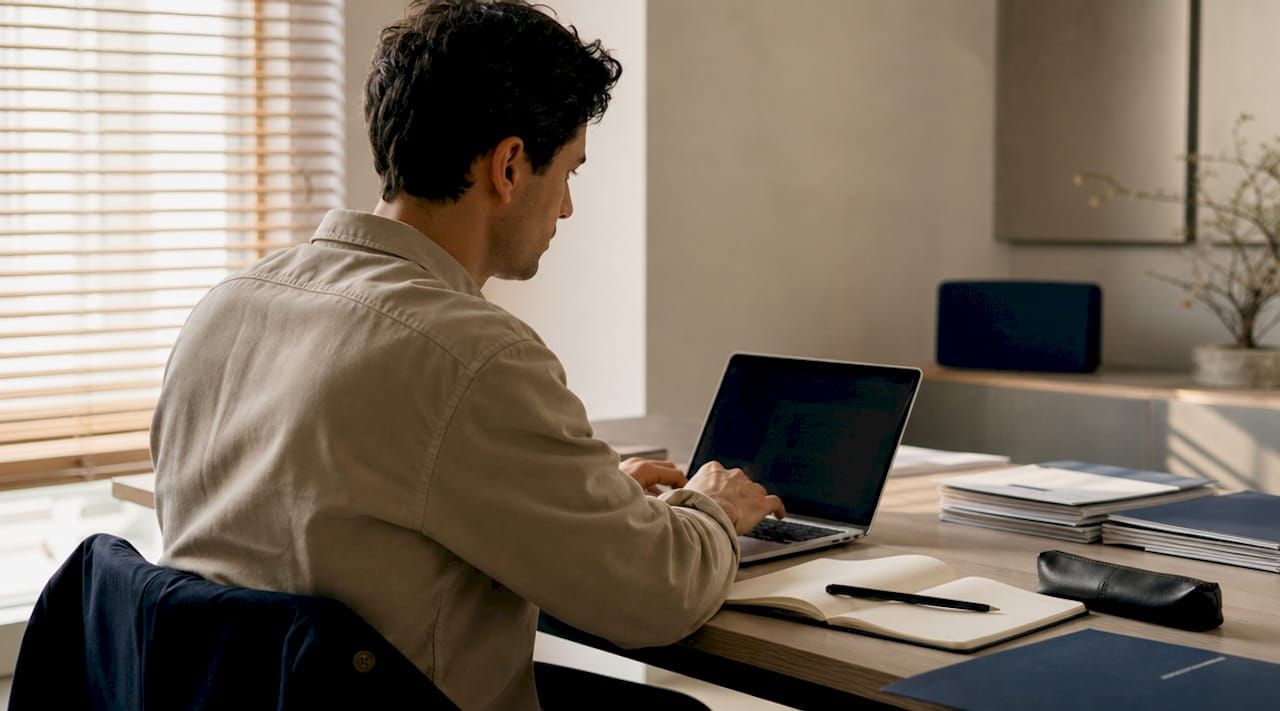 Gros plan sur des mains en train de taper sur un ordinateur portable, entourées de documents juridiques.